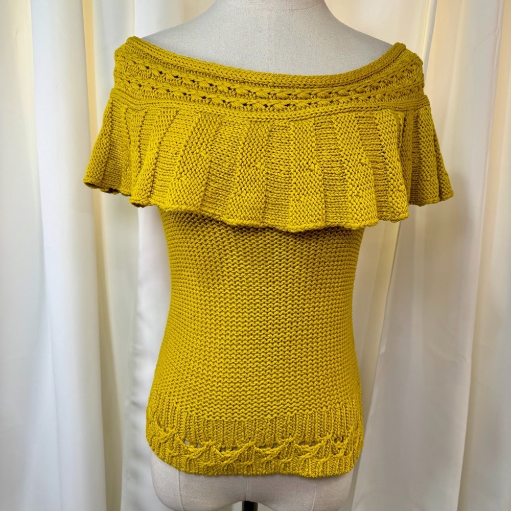 Anthropologie Mustard Yellow Ruffled Off-The-Shoulder Crocheted Sweater Size XS - Picture 3 of 16